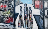 a painting of three people walking down a street